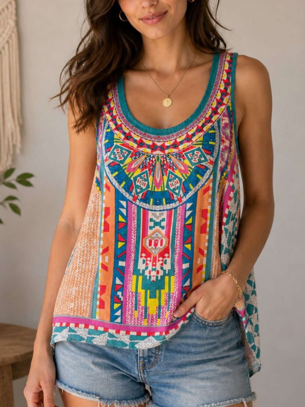 Flying Tomato Boho Tribal Print Flowy Tank Top Racerback Multicolor Size M